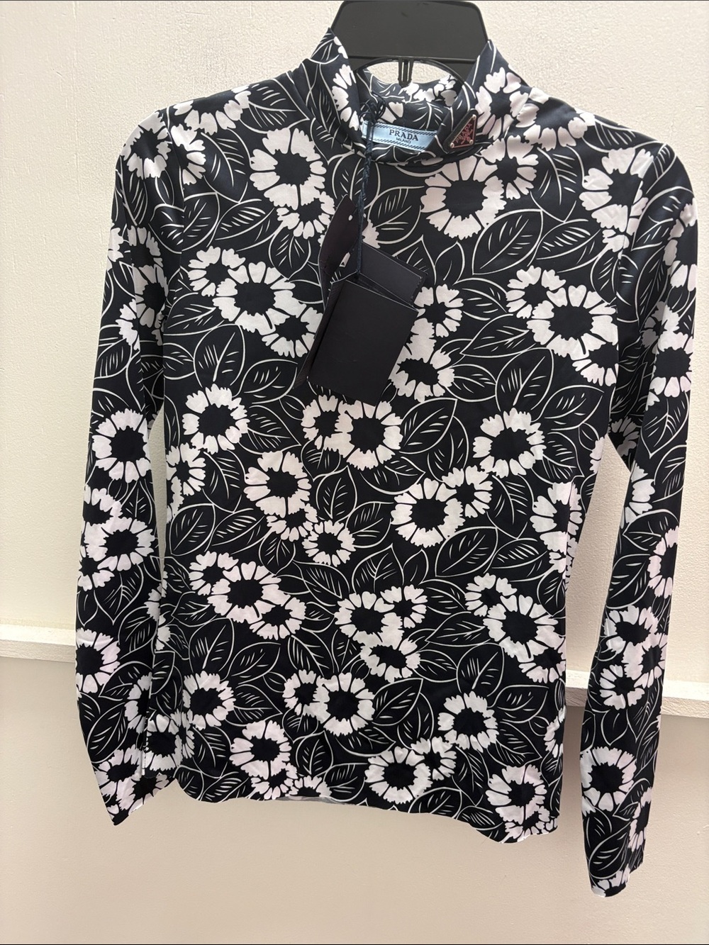 Prada Black & White Floral Mock-Neck Top- NWT